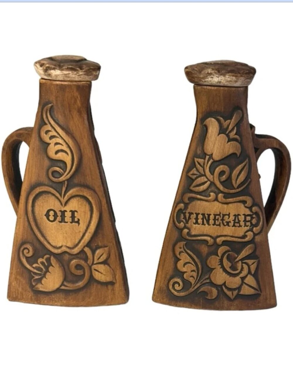 Vintage Treasure Craft Brown Ceramic (Faux Wood Look) Oil & Vinegar Cruet Set